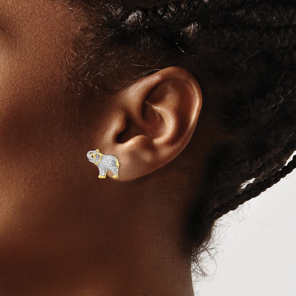 Rhodium-plated Sterling Silver Gold Tone CZ Elephant Post Earrings