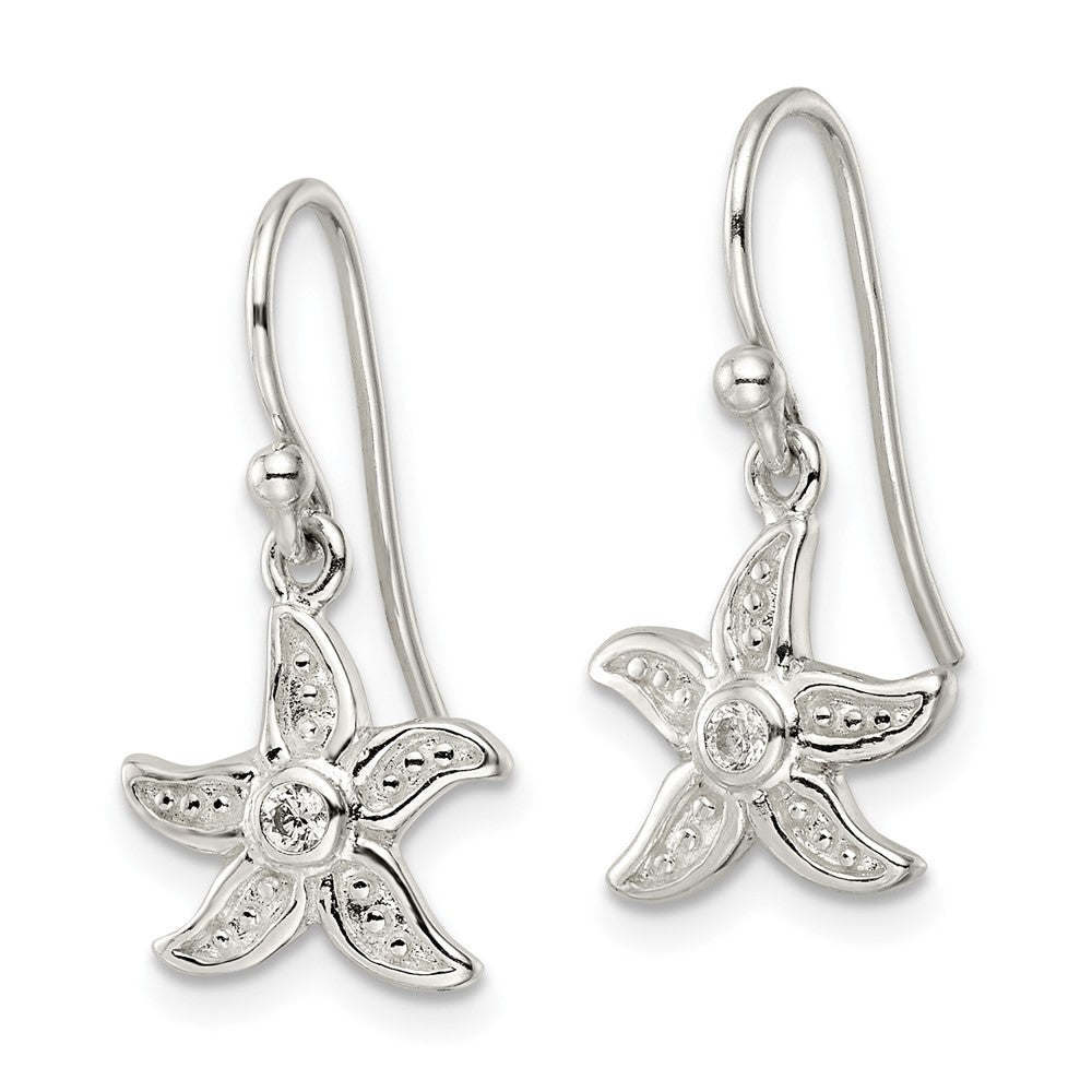 Sterling Silver Textured CZ Center Starfish Shepherd Hook Earrings