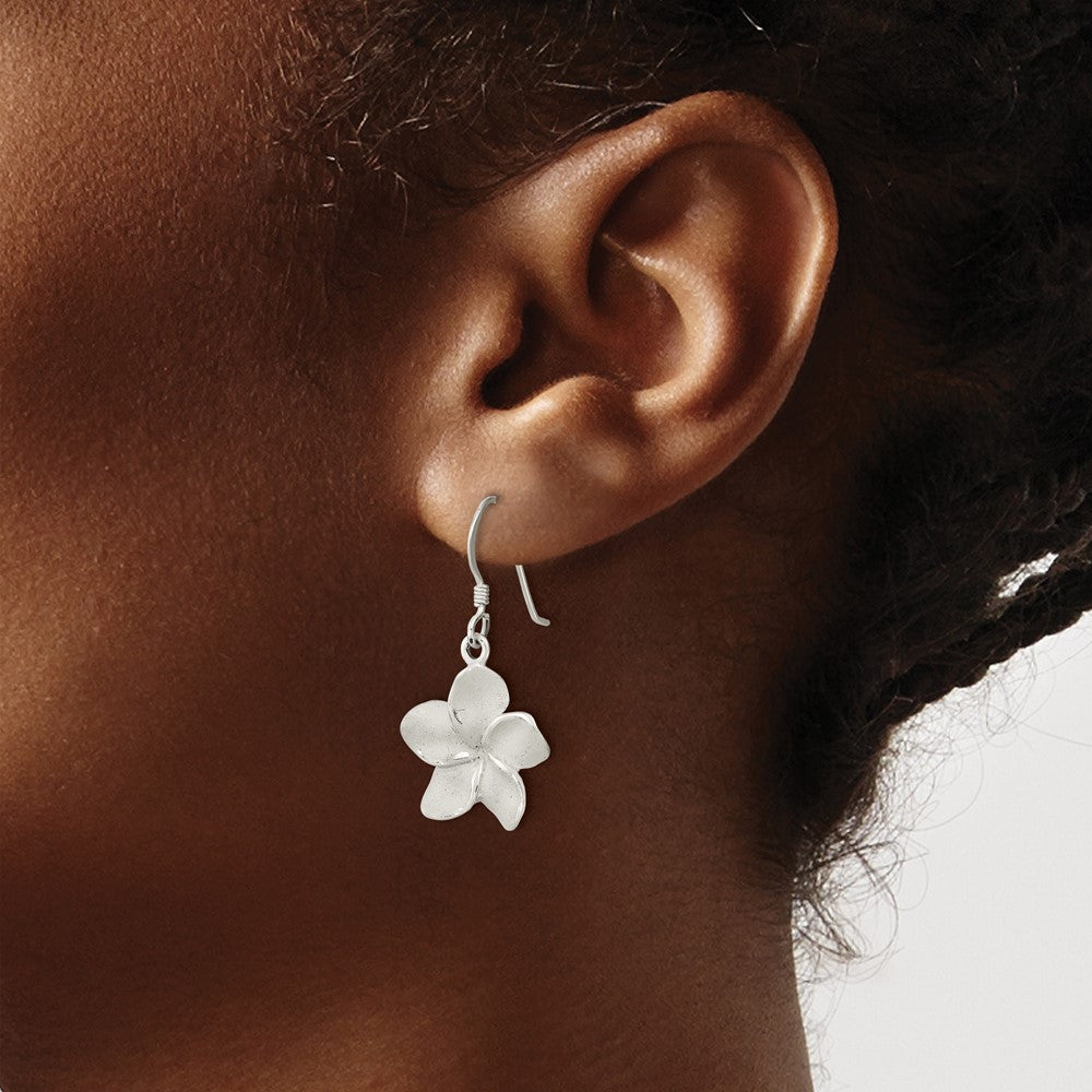 Sterling Silver Laser & Polished Plumeria Shephard Hook Earrings