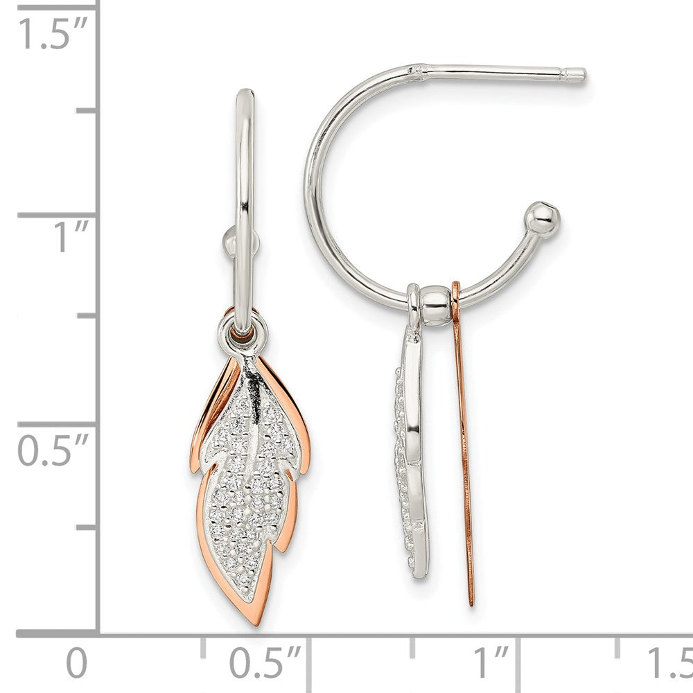 Rose Gold-plated Sterling Silver Leaves CZ Hoop Post Earrings