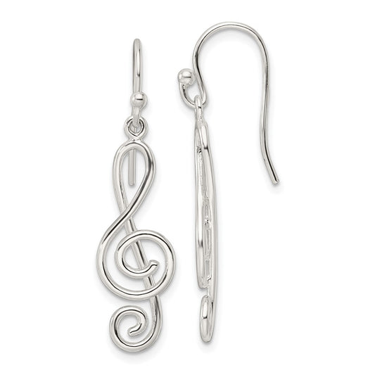 Sterling Silver Polished Treble Clef Dangle Shepherd Hook Earrings