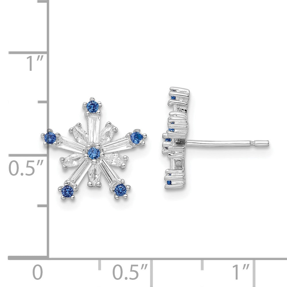Rhodium-plated Sterling Silver Polished Blue & White CZ Snowflake Post Earr