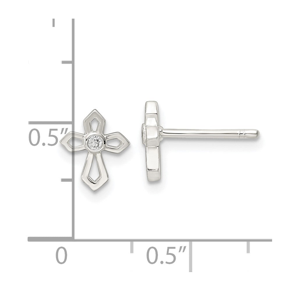 Sterling Silver Polished Cross CZ Post Earrings