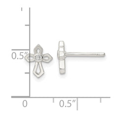 Sterling Silver Polished Cross CZ Post Earrings