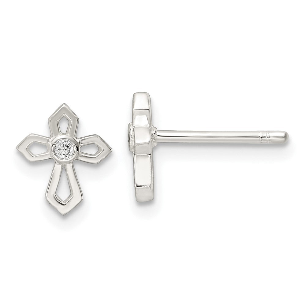 Sterling Silver Polished Cross CZ Post Earrings