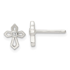 Sterling Silver Polished Cross CZ Post Earrings