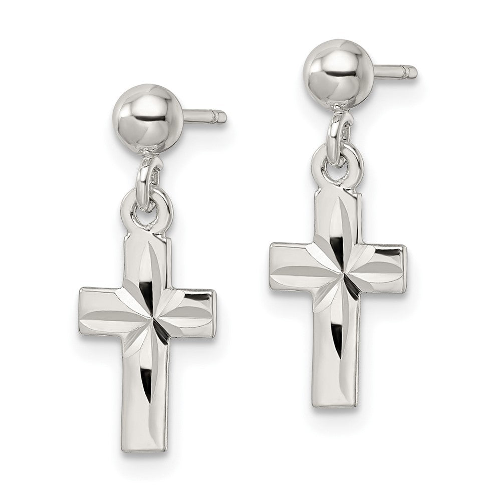 Sterling Silver Polished and Diamond-cut Cross Dangle Post Earrings