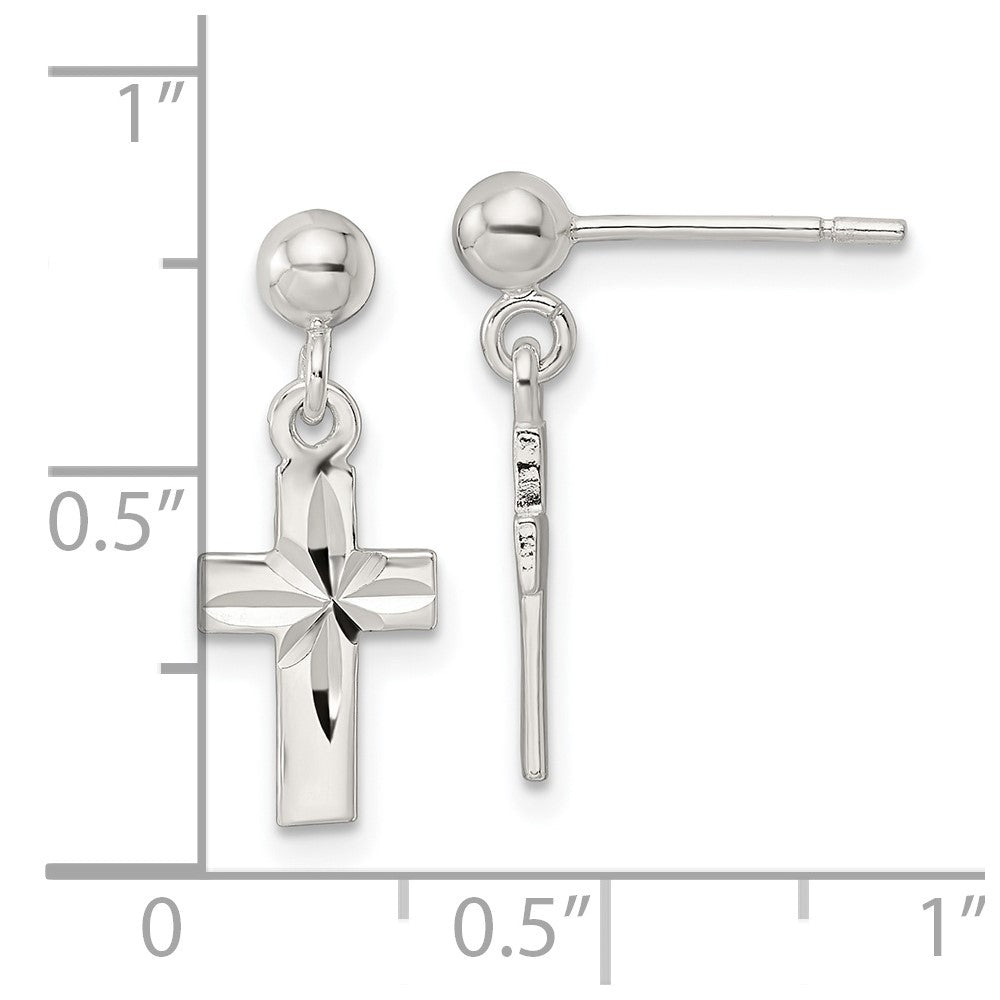 Sterling Silver Polished and Diamond-cut Cross Dangle Post Earrings