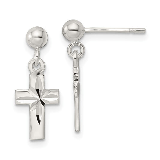 Sterling Silver Polished and Diamond-cut Cross Dangle Post Earrings