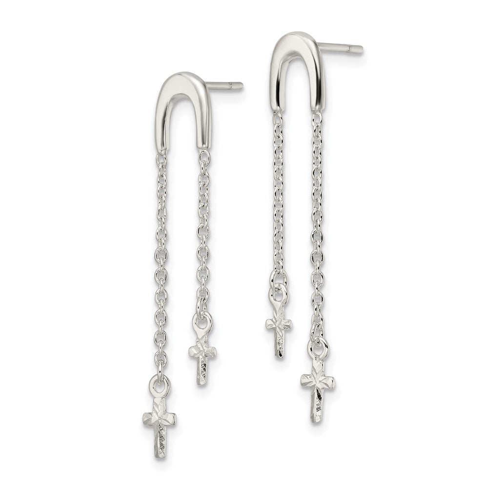 Sterling Silver Polished and Diamond-cut Cross Chain Dangle Post Earrings