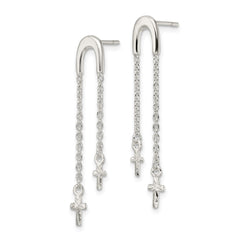 Sterling Silver Polished and Diamond-cut Cross Chain Dangle Post Earrings