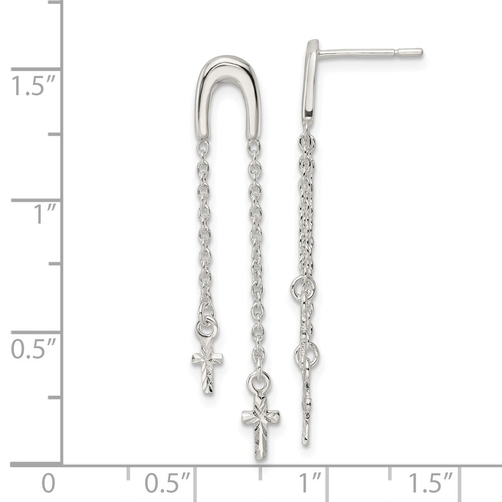 Sterling Silver Polished and Diamond-cut Cross Chain Dangle Post Earrings