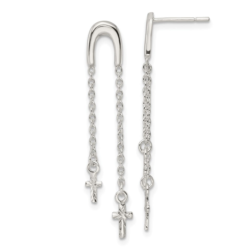 Sterling Silver Polished and Diamond-cut Cross Chain Dangle Post Earrings
