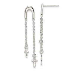 Sterling Silver Polished and Diamond-cut Cross Chain Dangle Post Earrings