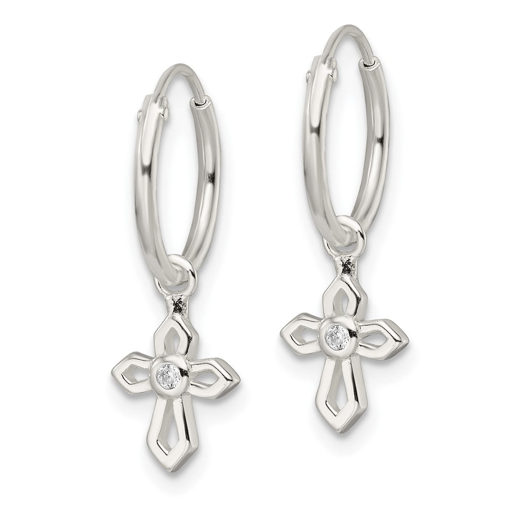 Sterling Silver Polished CZ Cross Endless Hoop Earrings