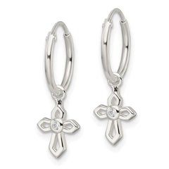 Sterling Silver Polished CZ Cross Endless Hoop Earrings