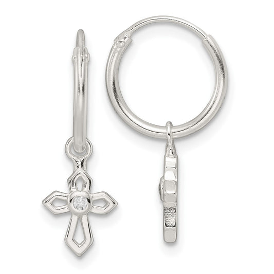 Sterling Silver Polished CZ Cross Endless Hoop Earrings