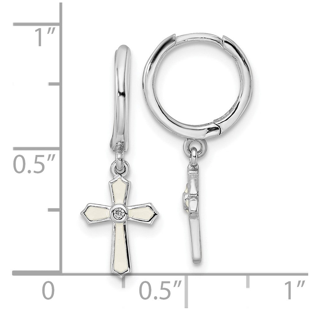 Rhodium-plated Sterling Silver Polished CZ White Enamel Cross Earrings