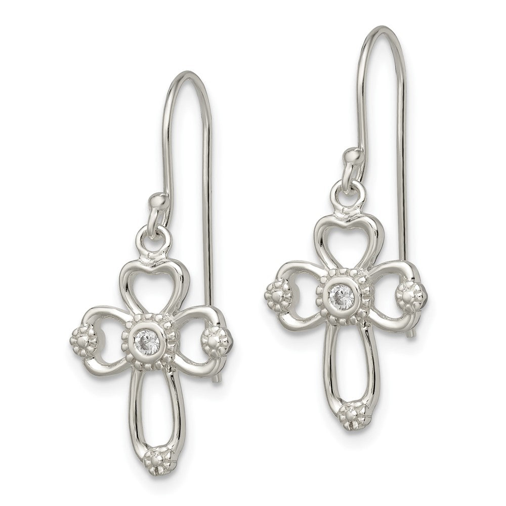 Sterling Silver CZ Cross Shepherd Hook Earrings