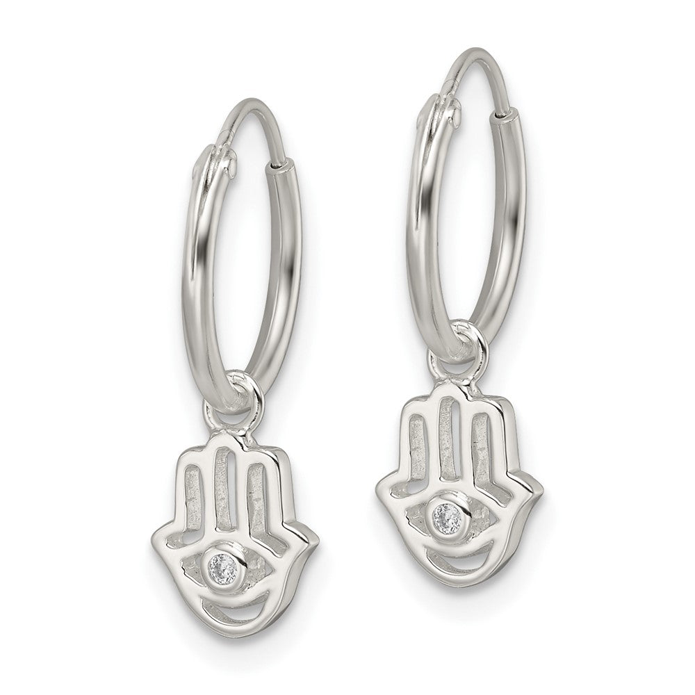 Sterling Silver Polished CZ Dangle Hamsa Endless Hoop Earrings