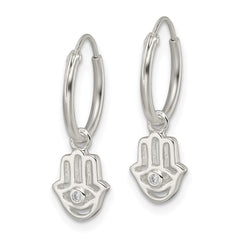 Sterling Silver Polished CZ Dangle Hamsa Endless Hoop Earrings