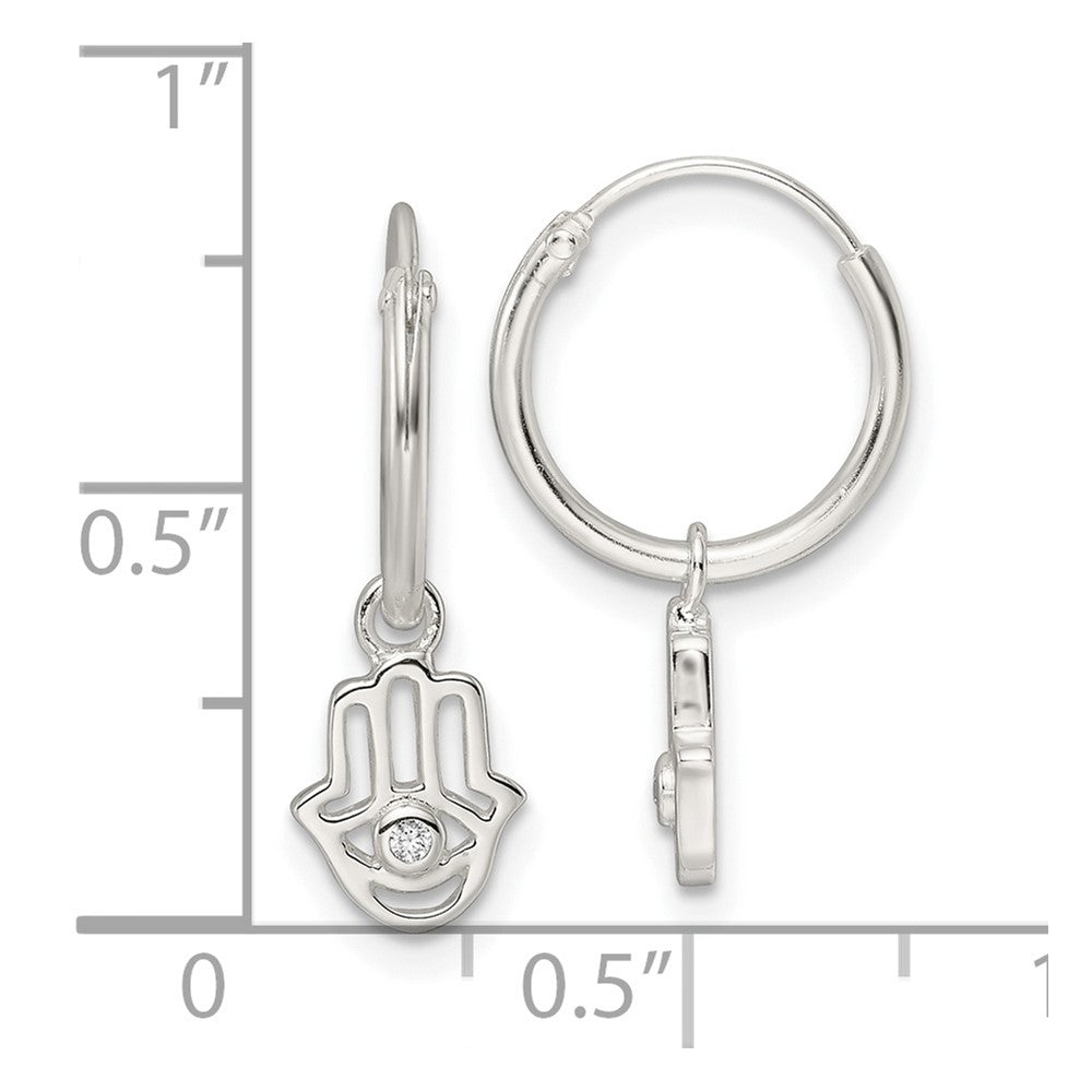 Sterling Silver Polished CZ Dangle Hamsa Endless Hoop Earrings