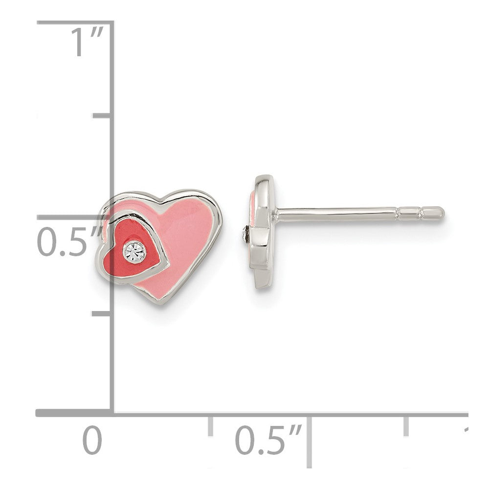 Sterling Silver Pink Hot Pink Enamel CZ Double Heart Post Earrings