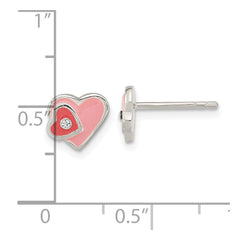 Sterling Silver Pink Hot Pink Enamel CZ Double Heart Post Earrings