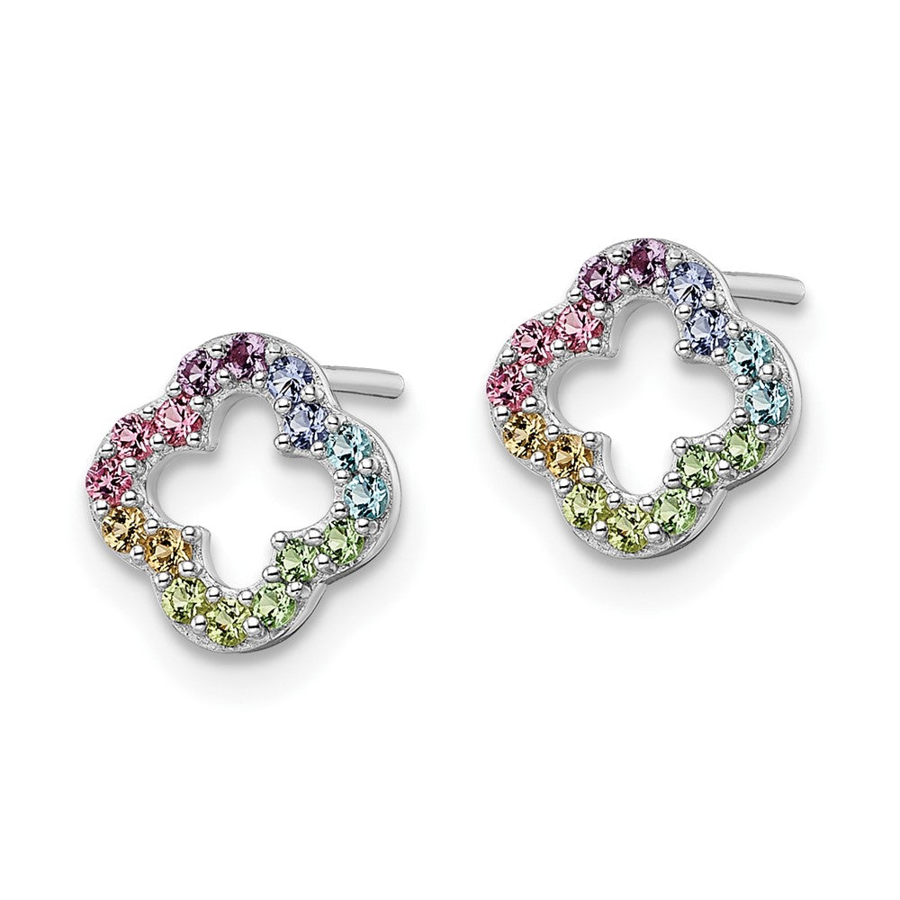 Rhodium-plated Sterling Silver Rainbow Nano Crystal Clover Post Earrings
