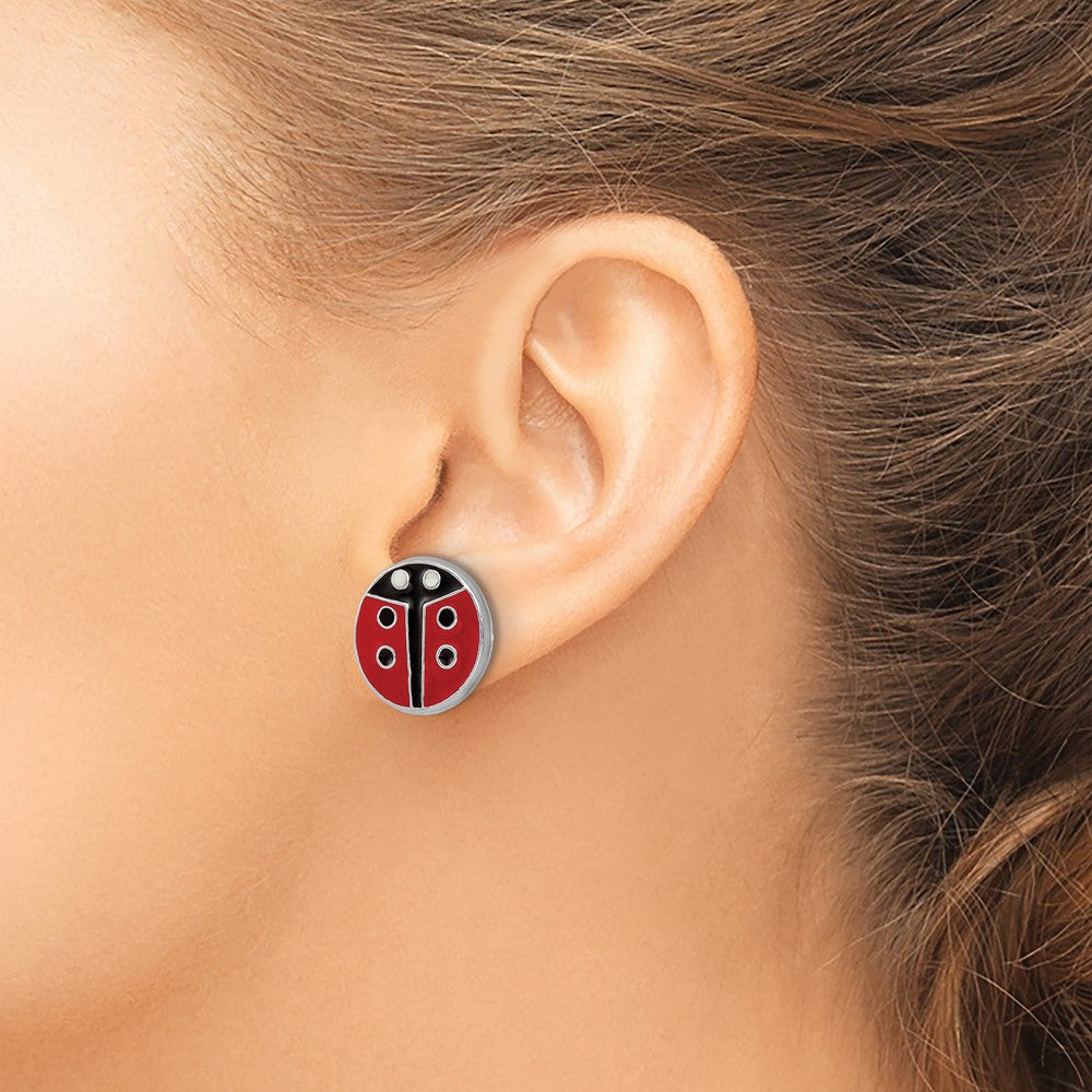 Rhodium-plated Silver Enamel Kids Lady Bug Post Earrings