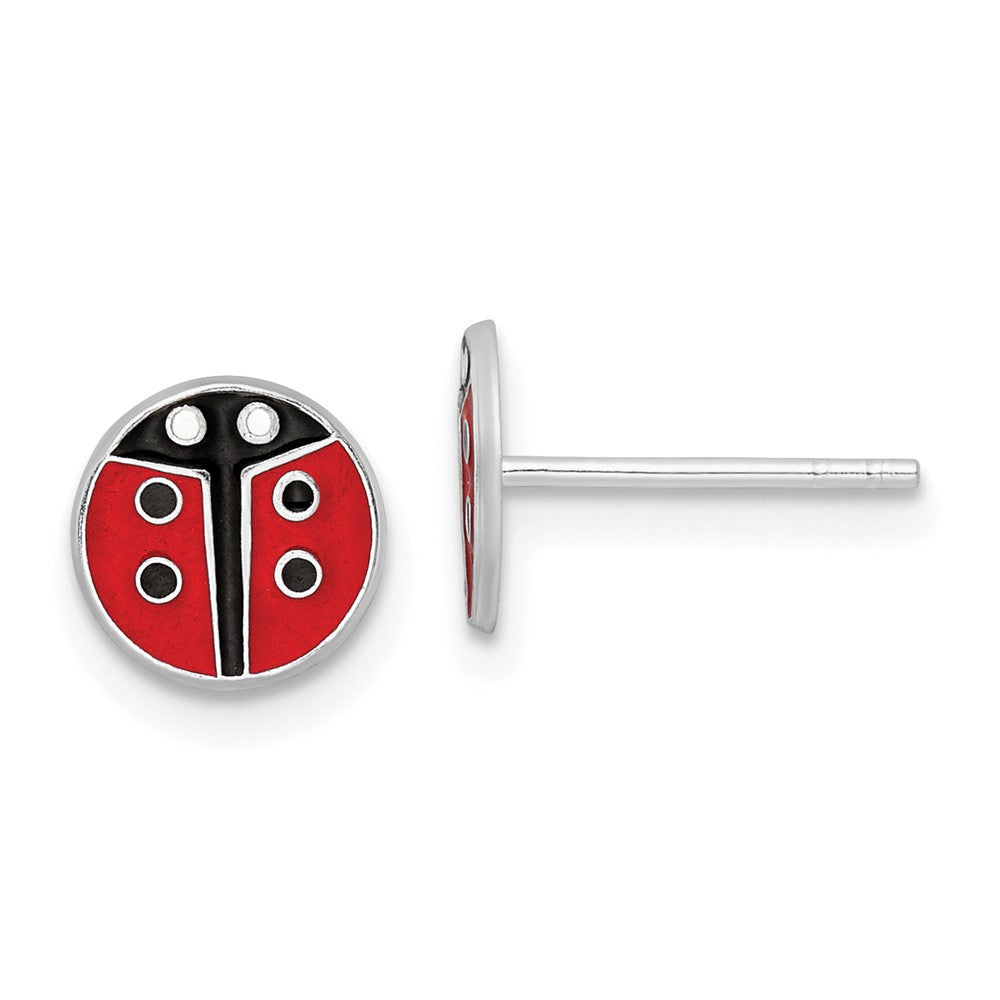 Rhodium-plated Silver Enamel Kids Lady Bug Post Earrings