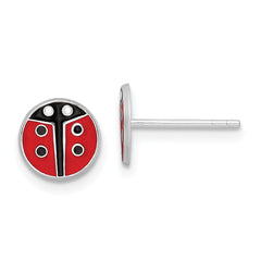 Rhodium-plated Silver Enamel Kids Lady Bug Post Earrings