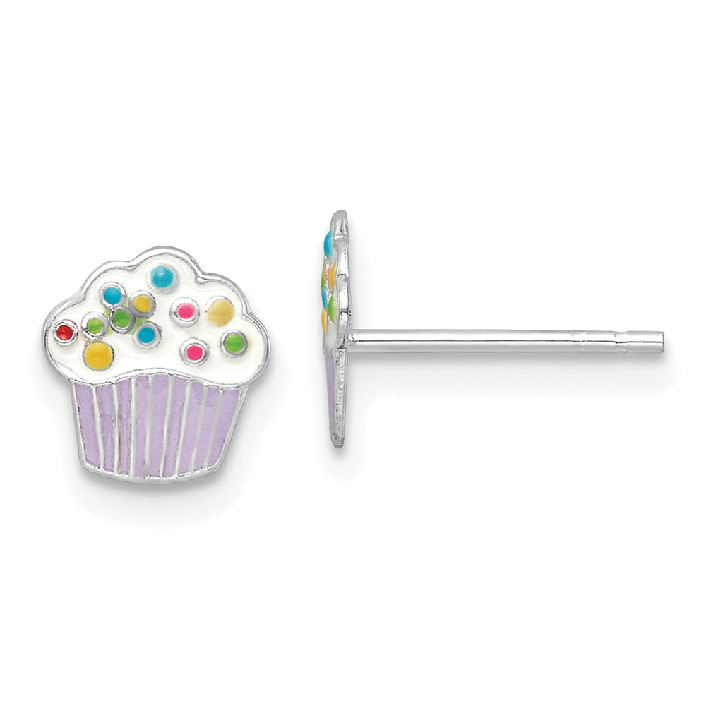 Rhodium-plated Silver Enamel Kids Cupcake Post Earrings