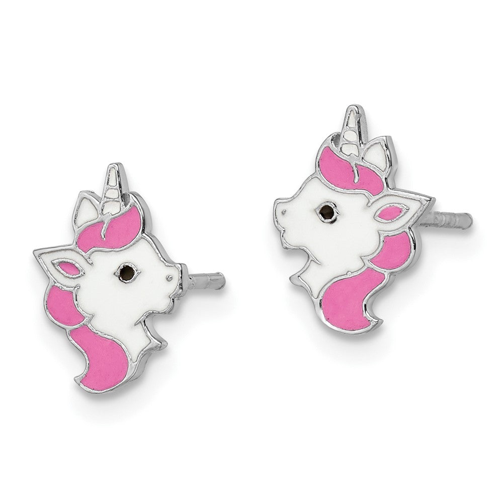 Rhodium-plated Sterling Silver Enamel Unicorn Post Earrings