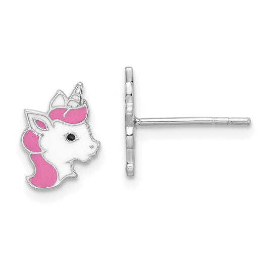 Rhodium-plated Sterling Silver Enamel Unicorn Post Earrings