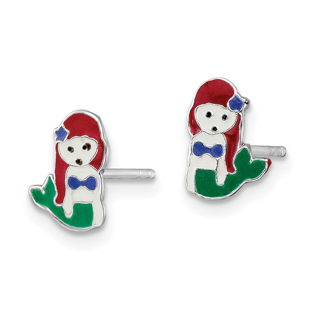 Rhodium-plated Silver Enamel Kids Mermaid Post Earrings