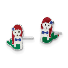 Rhodium-plated Silver Enamel Kids Mermaid Post Earrings