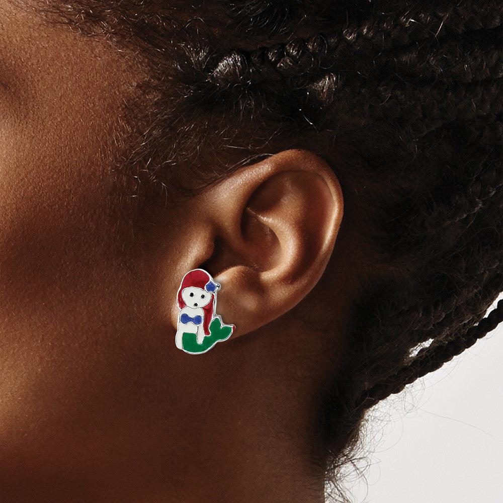 Rhodium-plated Silver Enamel Kids Mermaid Post Earrings