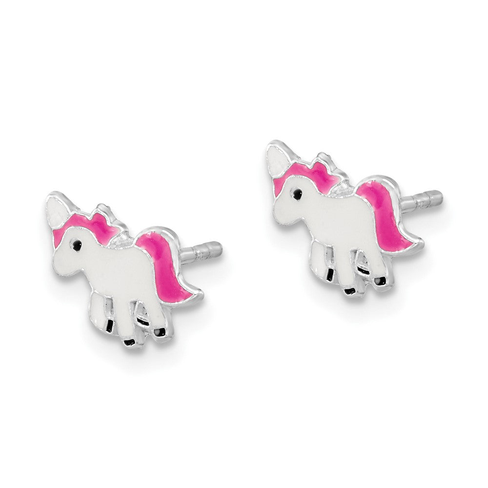 Rhodium-plated Sterling Silver Polished Enameled Unicorn Post Earrings