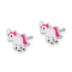 Rhodium-plated Sterling Silver Polished Enameled Unicorn Post Earrings