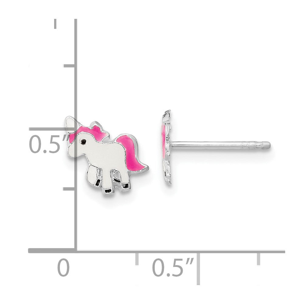 Rhodium-plated Sterling Silver Polished Enameled Unicorn Post Earrings