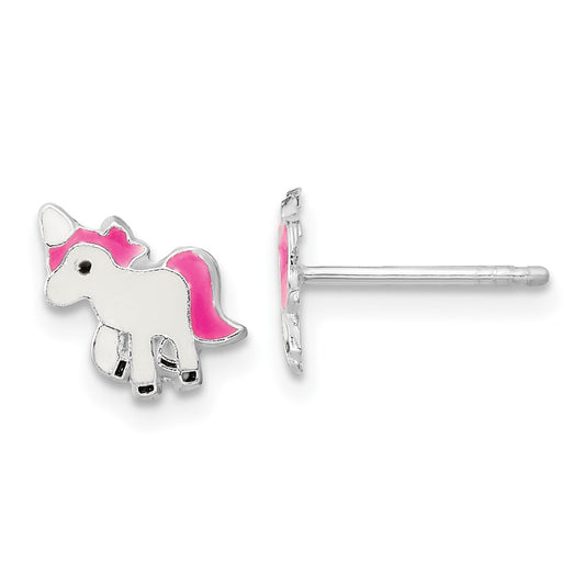 Rhodium-plated Sterling Silver Polished Enameled Unicorn Post Earrings