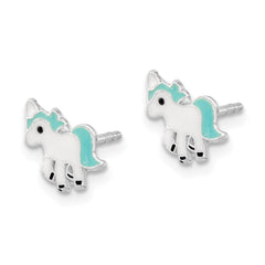 Rhodium-plated Sterling Silver Polished Enameled Unicorn Post Earrings