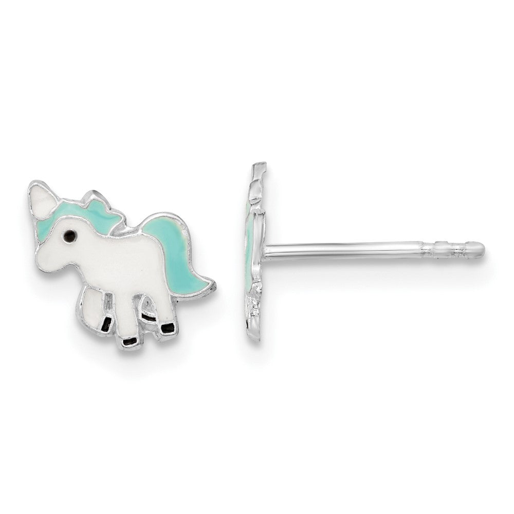 Rhodium-plated Sterling Silver Polished Enameled Unicorn Post Earrings