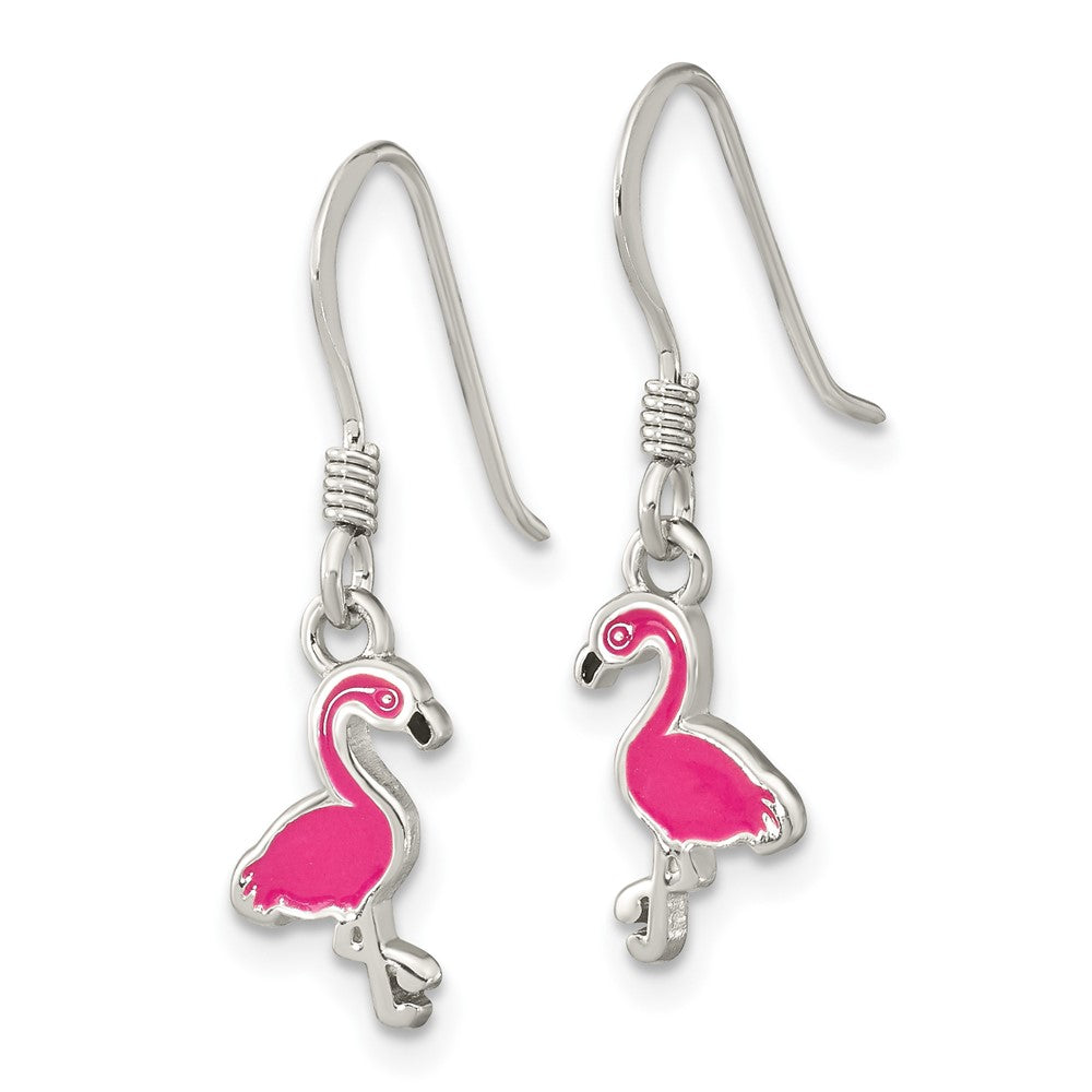 Sterling Silver Hot Pink Enamel Flamingo Dangle Earrings