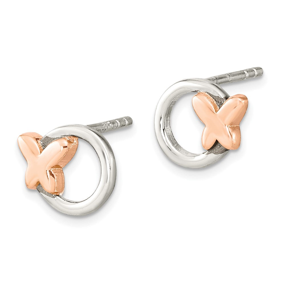 Sterling Silver Open Circle Rose Tone Butterfly Post Earrings