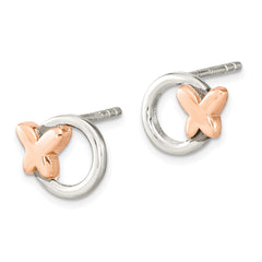 Sterling Silver Open Circle Rose Tone Butterfly Post Earrings