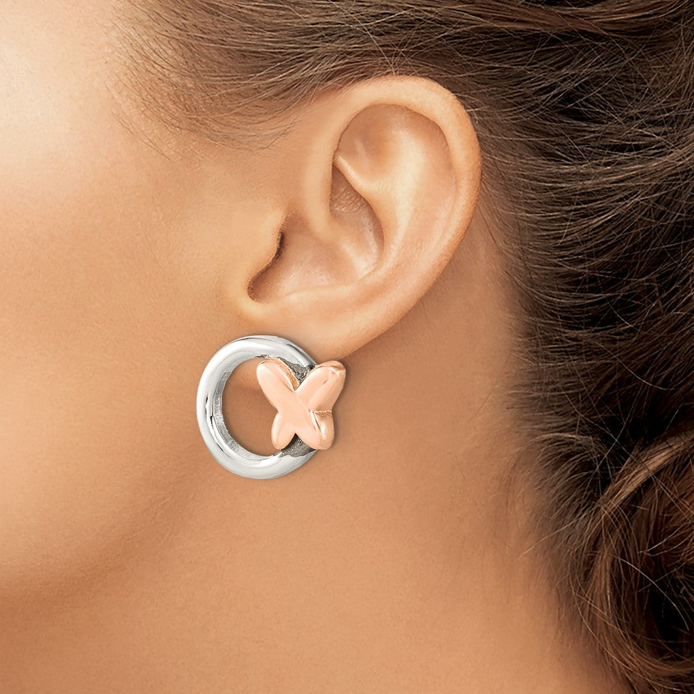 Sterling Silver Open Circle Rose Tone Butterfly Post Earrings