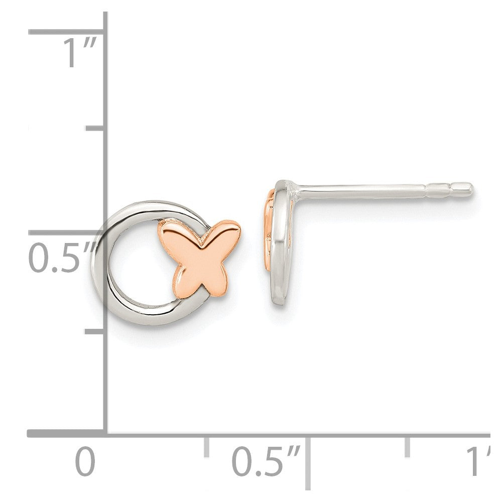 Sterling Silver Open Circle Rose Tone Butterfly Post Earrings