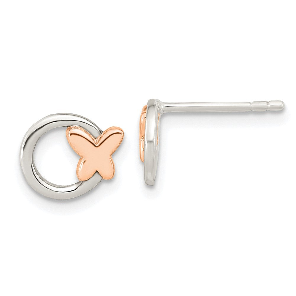 Sterling Silver Open Circle Rose Tone Butterfly Post Earrings